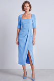 Navy Square Neck Ruched Midi Pnecil Work Dress with Slit