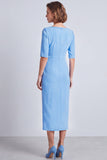 Navy Square Neck Ruched Midi Pnecil Work Dress with Slit