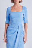 Navy Square Neck Ruched Midi Pnecil Work Dress with Slit
