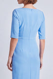 Navy Square Neck Ruched Midi Pnecil Work Dress with Slit