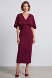Burgundy V-Neck Pencil  Midi Work Dress with Cape