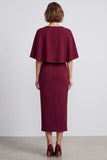 Burgundy V-Neck Pencil  Midi Work Dress with Cape