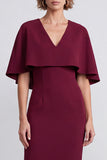 Burgundy V-Neck Pencil  Midi Work Dress with Cape