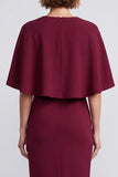 Burgundy V-Neck Pencil  Midi Work Dress with Cape