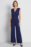 Navy V-Neck Wide Leg Long Women Jumpsuits