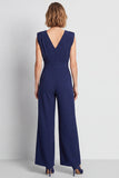 Navy V-Neck Wide Leg Long Women Jumpsuits