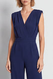Navy V-Neck Wide Leg Long Women Jumpsuits