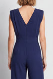 Navy V-Neck Wide Leg Long Women Jumpsuits