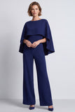 Navy Boat Neck Wide Leg Women Jumpsuits with Cape