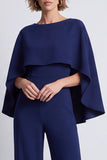 Navy Boat Neck Wide Leg Women Jumpsuits with Cape
