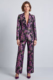 Black Purple Floral Notched Lapel 2 Piece Jacquard Women Suits with Sleeves