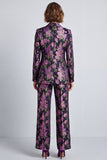 Black Purple Floral Notched Lapel 2 Piece Jacquard Women Suits with Sleeves