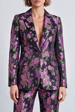 Black Purple Floral Notched Lapel 2 Piece Jacquard Women Suits with Sleeves
