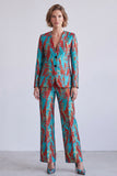 Blue and Red V-Neck Jacquard 2 Piece Single Breasted Women Suits