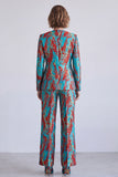 Blue and Red V-Neck Jacquard 2 Piece Single Breasted Women Suits