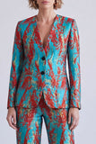 Blue and Red V-Neck Jacquard 2 Piece Single Breasted Women Suits