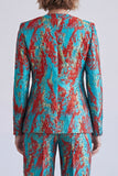 Blue and Red V-Neck Jacquard 2 Piece Single Breasted Women Suits