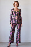 Black Purple Floral 2 Piece Jacquard Square Neck Single Breasted Women Suits