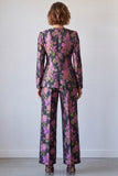 Black Purple Floral 2 Piece Jacquard Square Neck Single Breasted Women Suits