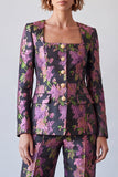 Black Purple Floral 2 Piece Jacquard Square Neck Single Breasted Women Suits