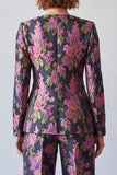 Black Purple Floral 2 Piece Jacquard Square Neck Single Breasted Women Suits
