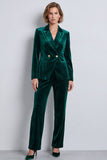 Dark Green Peak Lapel Velvet 2 Piece Double Breasted Fitted Women Suits with Sleeves