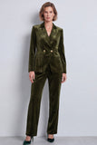 Dark Green Peak Lapel Velvet 2 Piece Double Breasted Fitted Women Suits with Sleeves