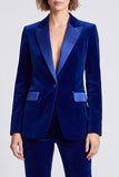 Royal Blue Peak Lapel Velvet 2 Piece Fitted Women Suits with Buttons