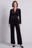Black Floral 2 Piece Velvet Fitted Women Suits with Belt