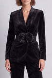 Black Floral 2 Piece Velvet Fitted Women Suits with Belt