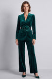Black Floral 2 Piece Velvet Fitted Women Suits with Belt