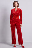 Black Floral 2 Piece Velvet Fitted Women Suits with Belt