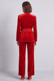 Black Floral 2 Piece Velvet Fitted Women Suits with Belt
