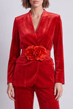 Black Floral 2 Piece Velvet Fitted Women Suits with Belt