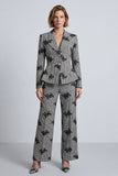 Black and White Floral 2 Piece Single Breasted Plaid Women Suits with Sleeves