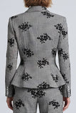Black and White Floral 2 Piece Single Breasted Plaid Women Suits with Sleeves