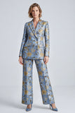 Dusty Blue 2 Piece Floral Jacquard Single Breasted Women Suits with Sleeves