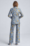 Dusty Blue 2 Piece Floral Jacquard Single Breasted Women Suits with Sleeves