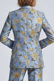 Dusty Blue 2 Piece Floral Jacquard Single Breasted Women Suits with Sleeves