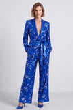 Sparkly Royal Blue Sequins Shawl Lapel 2 Piece Women Suits with Sash