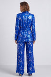 Sparkly Royal Blue Sequins Shawl Lapel 2 Piece Women Suits with Sash