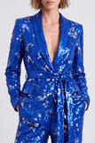Sparkly Royal Blue Sequins Shawl Lapel 2 Piece Women Suits with Sash