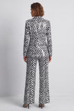 Black and White Sparkly Sequins Peak Lapel 2 Piece Fitted Women Suits with Sleeves