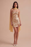 Sparkly Gold Sequin Neck Scarf Short Cocktail Dress with Slit