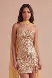 Sparkly Gold Sequin Neck Scarf Short Cocktail Dress with Slit
