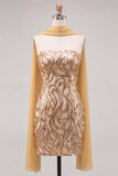 Sparkly Gold Sequin Neck Scarf Short Cocktail Dress with Slit