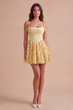 Sparkly Floral Yellow Corset Cold Shoulder Short Cocktail Dress