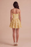 Sparkly Floral Yellow Corset Cold Shoulder Short Cocktail Dress