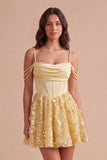 Sparkly Floral Yellow Corset Cold Shoulder Short Cocktail Dress