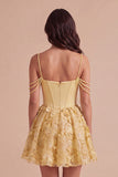 Sparkly Floral Yellow Corset Cold Shoulder Short Cocktail Dress